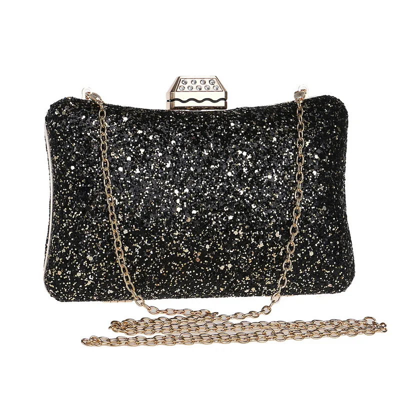 YNSSK Black And Gold Sequin Clutch with Chain Front View