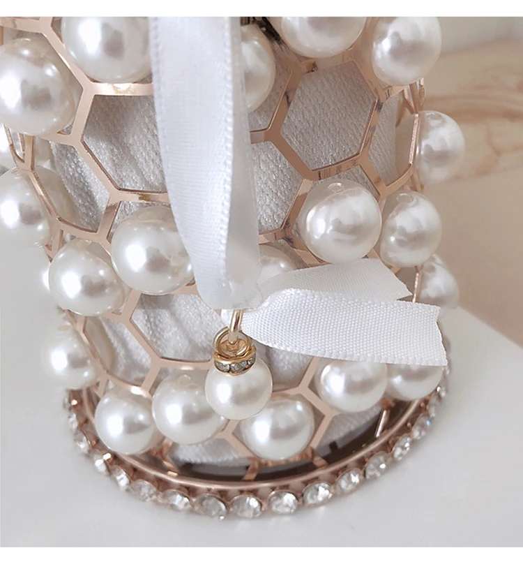 YNSSK Pearl Metal Case Drawstring Velvet Basket Clutch Bag Apricot Color Surface Detail View