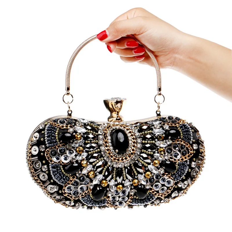 YNSSK Silver Black Crystal Metal Decorative Clutch Bag with Handle Front View