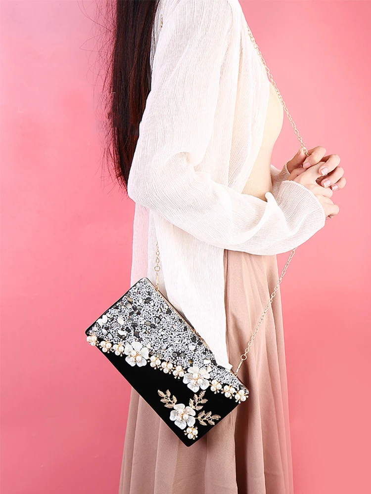 YNSSK Black Floral Beads Clutch Bag Model Display View