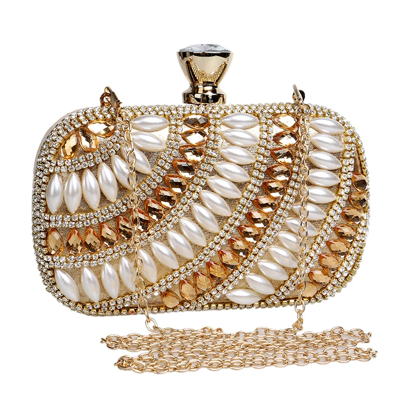 YNSSK Rhinestone and Beads Embellished Gold Clutch Bag with Chain Front View