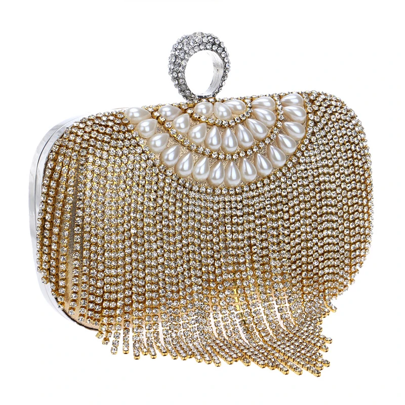 YNSSK Tassel Gold Rhinestone Clutch Bag Side View