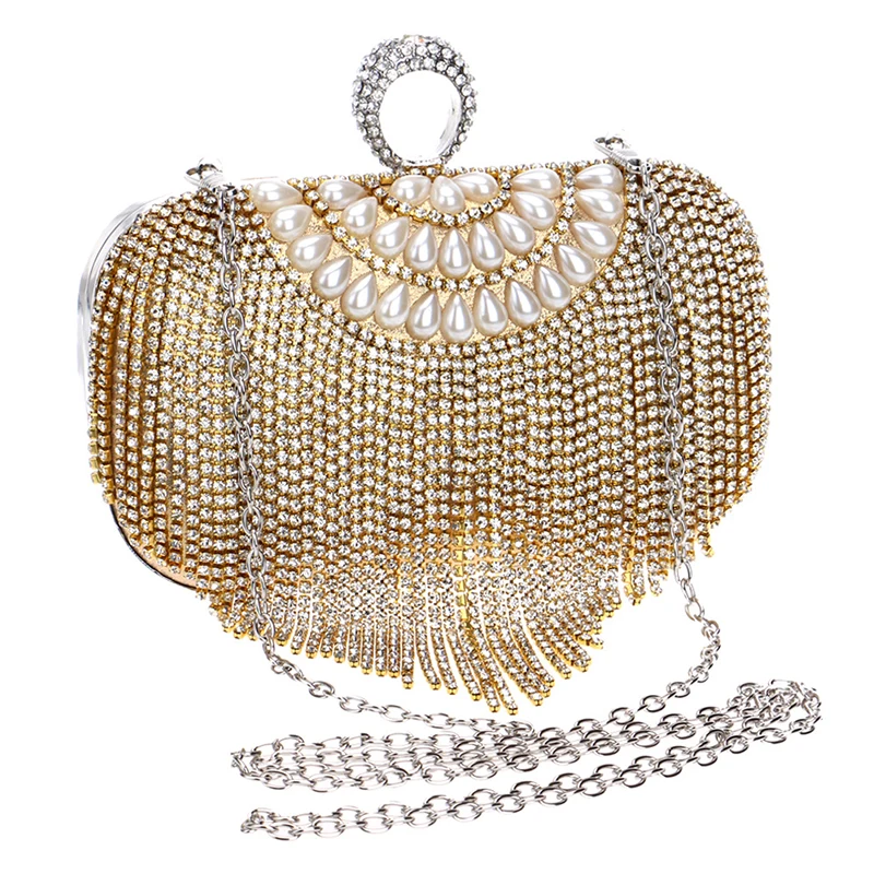 YNSSK Tassel Gold Rhinestone Clutch Bag Side View