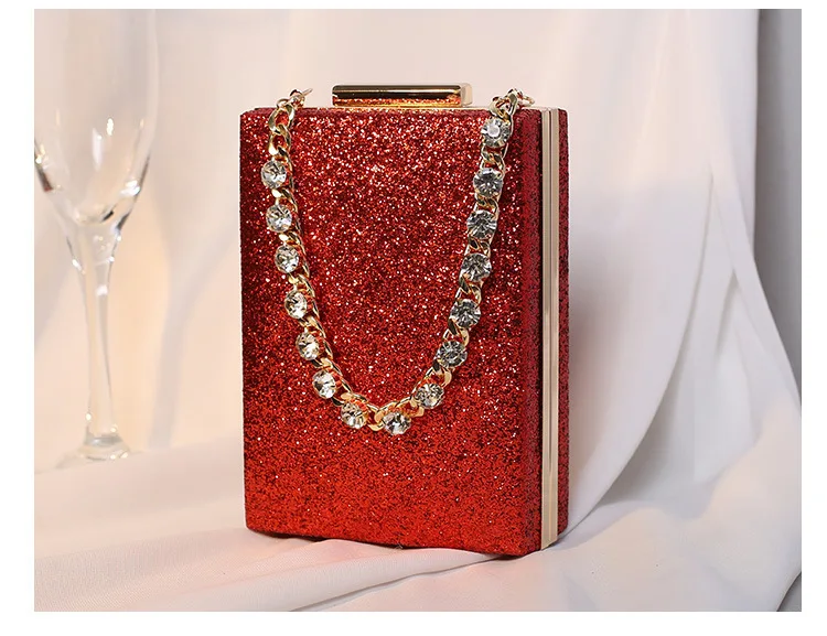 YNSSK Red Small Sparkling Clutch With Handle Back View