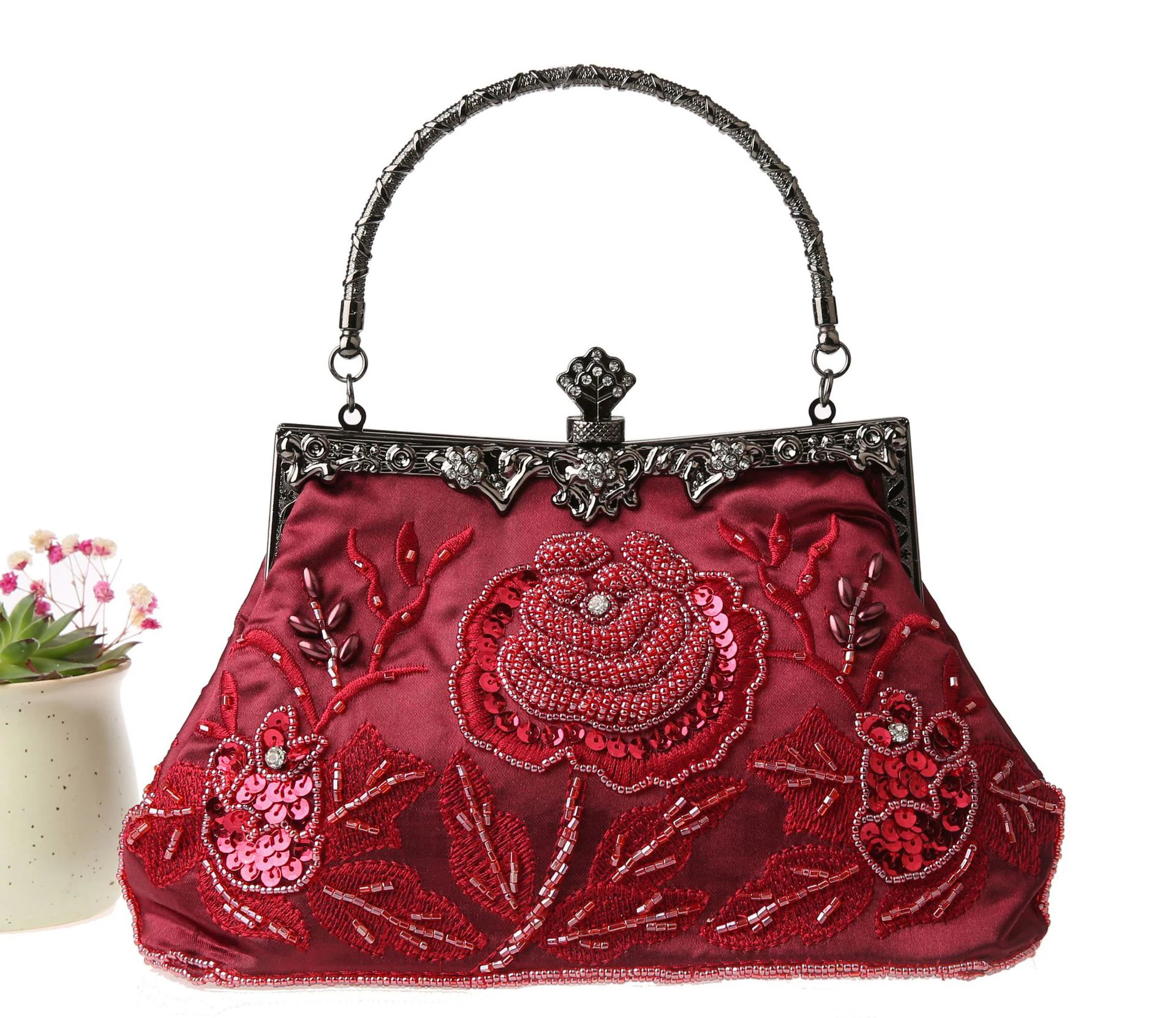 YNSSK Burgundy Vintage Embroidered Clutch Front View
