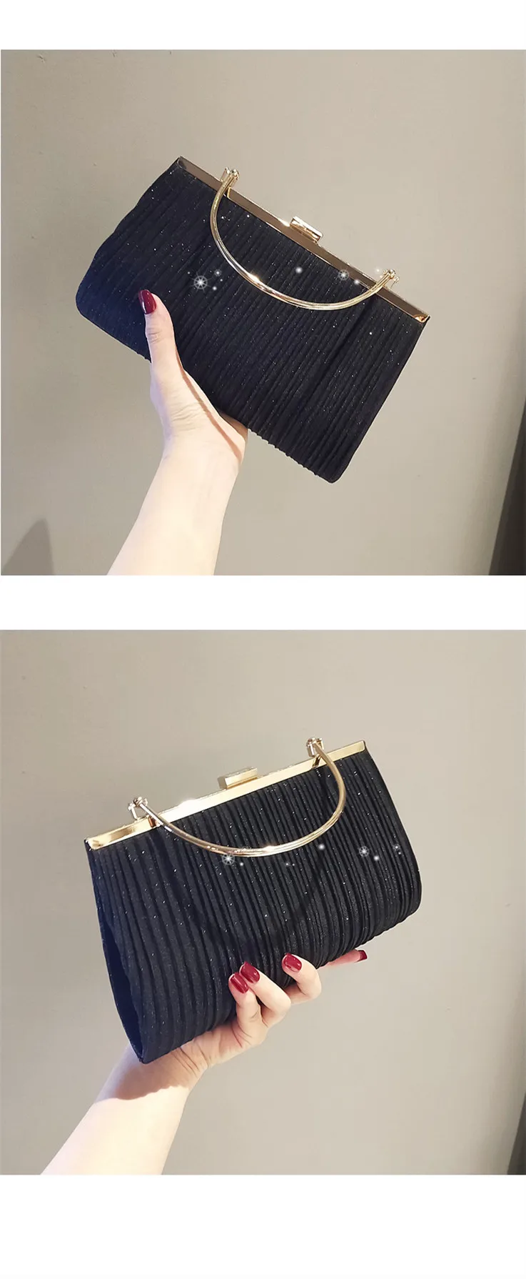 YNSSK Black Pleated Velour Clutch Bag Front View