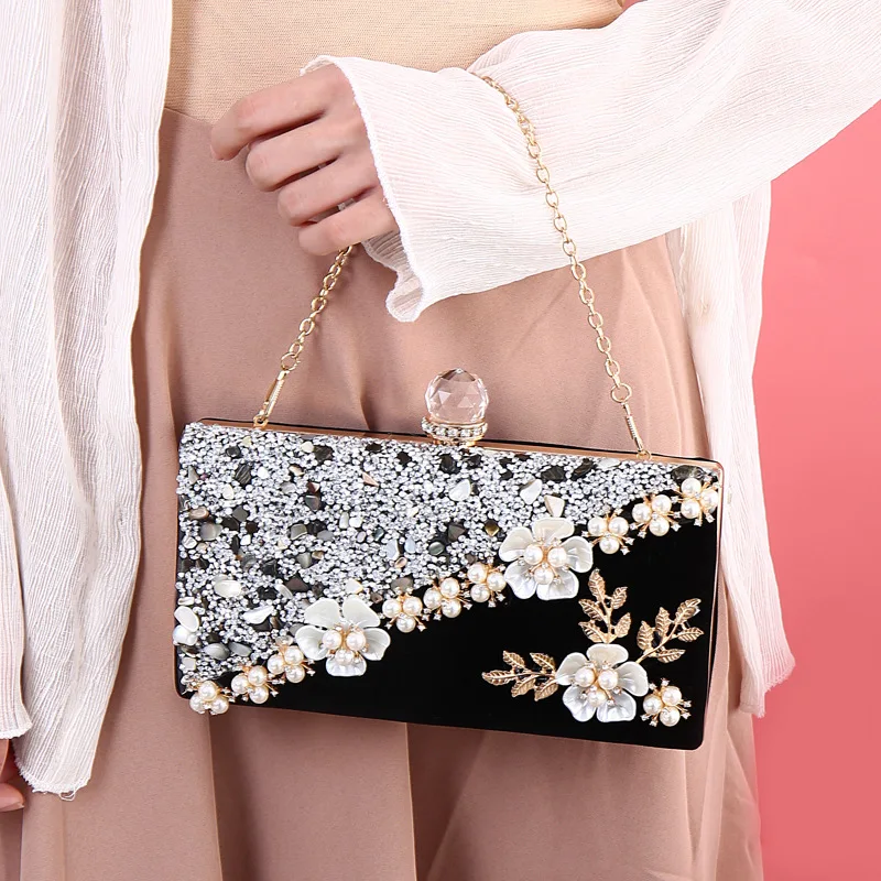 YNSSK Black Floral Beads Clutch Bag Model Display View