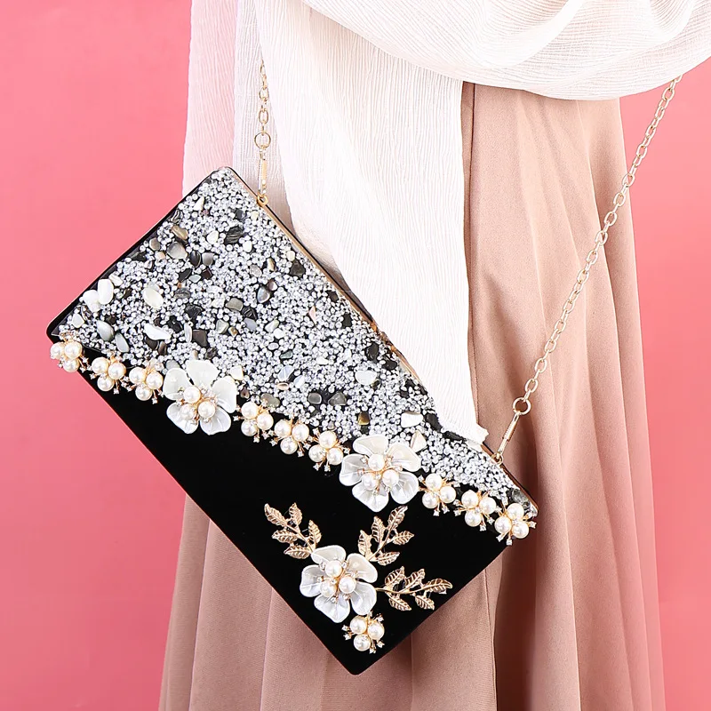 YNSSK Black Floral Beads Clutch Bag Model Display View