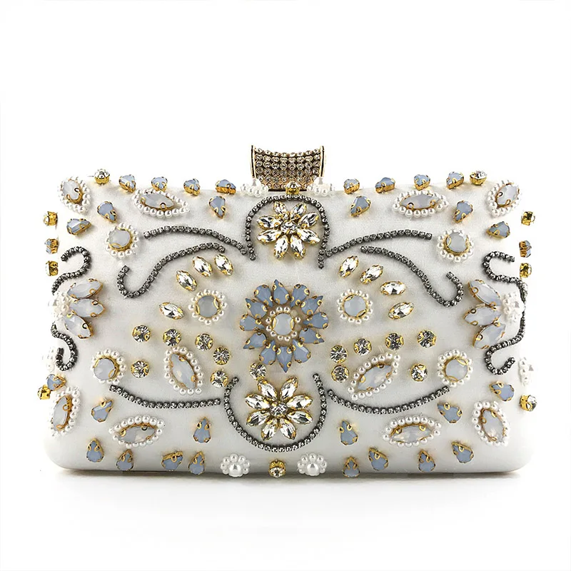 Front View of White YNSSK Hand Beaded Stylish Evening Bag