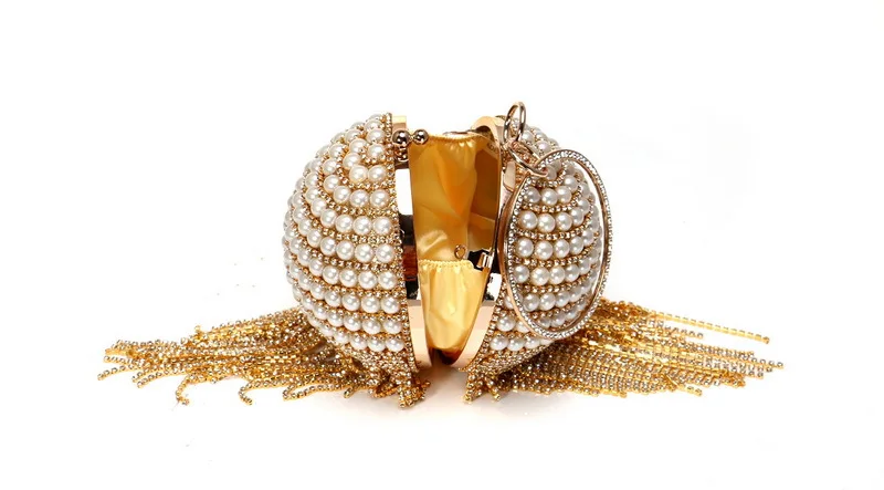 YNSSK Gold Round Pearl Glitter Clutch Bag Inside View