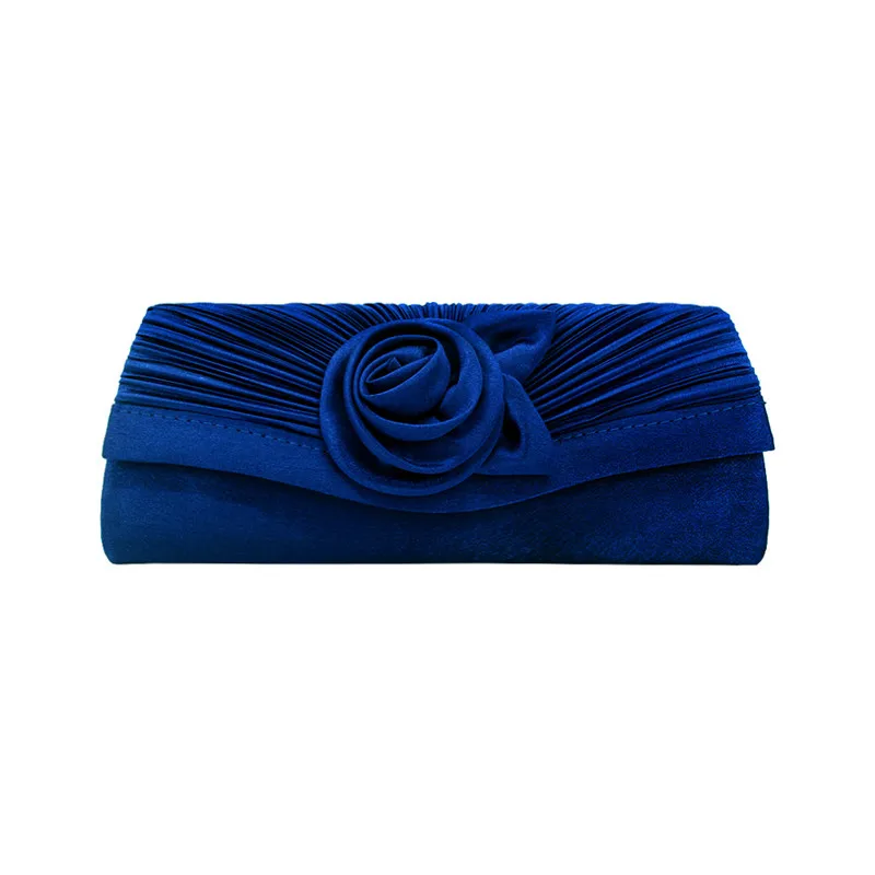 YNSSK Sapphire Blue Floral Satin Clutch Evening Bag Front View