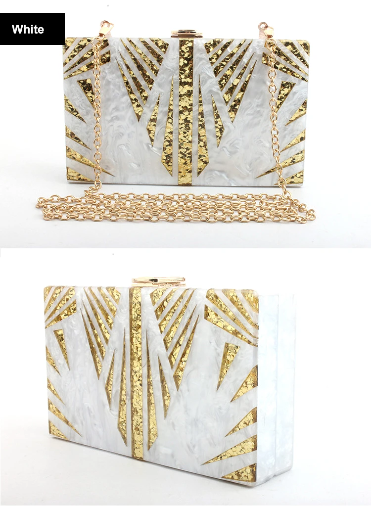 YNSSK White Acrylic Box Glitter Clutch Purse Front and Side View