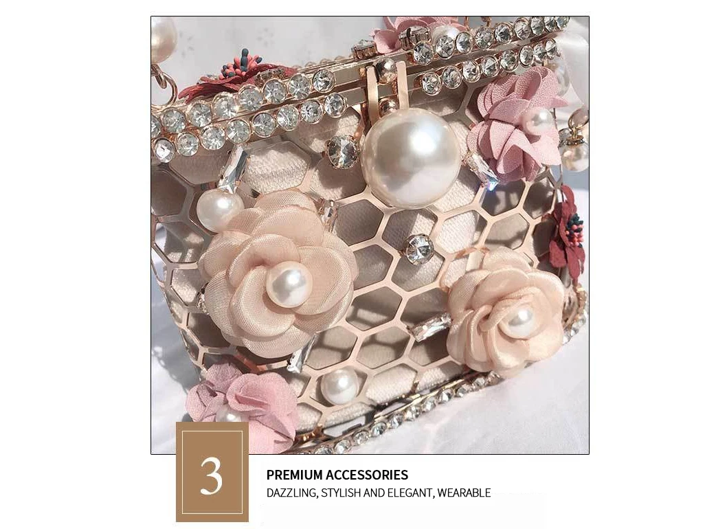 YNSSK Floral Metal Case Basket Clutch Bag Apricot Color Surface Detail