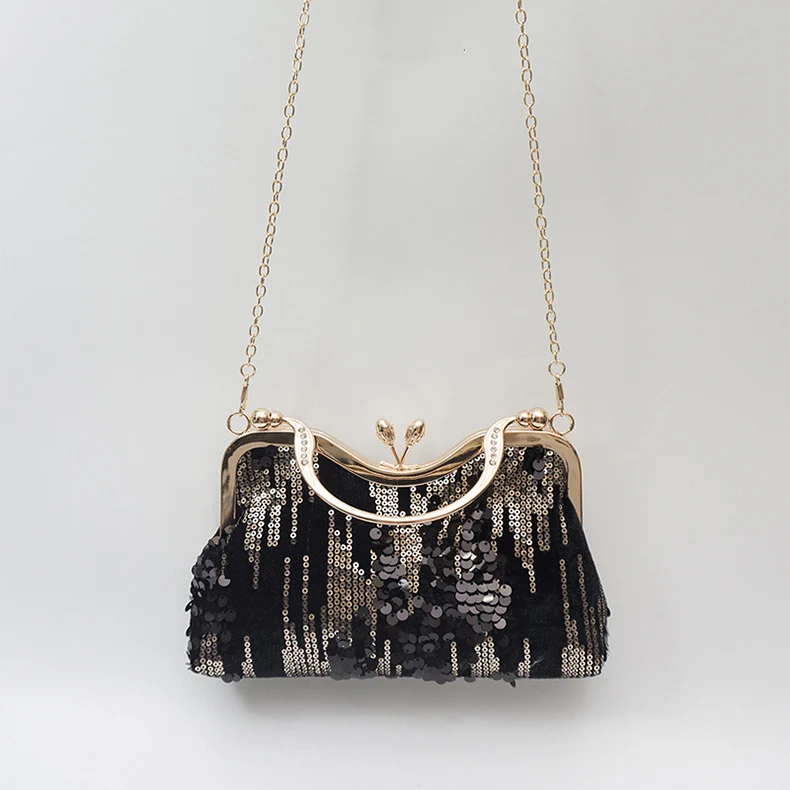 YNSSK Black Vintage Ladies Evening Bags with Chain Top Detail View