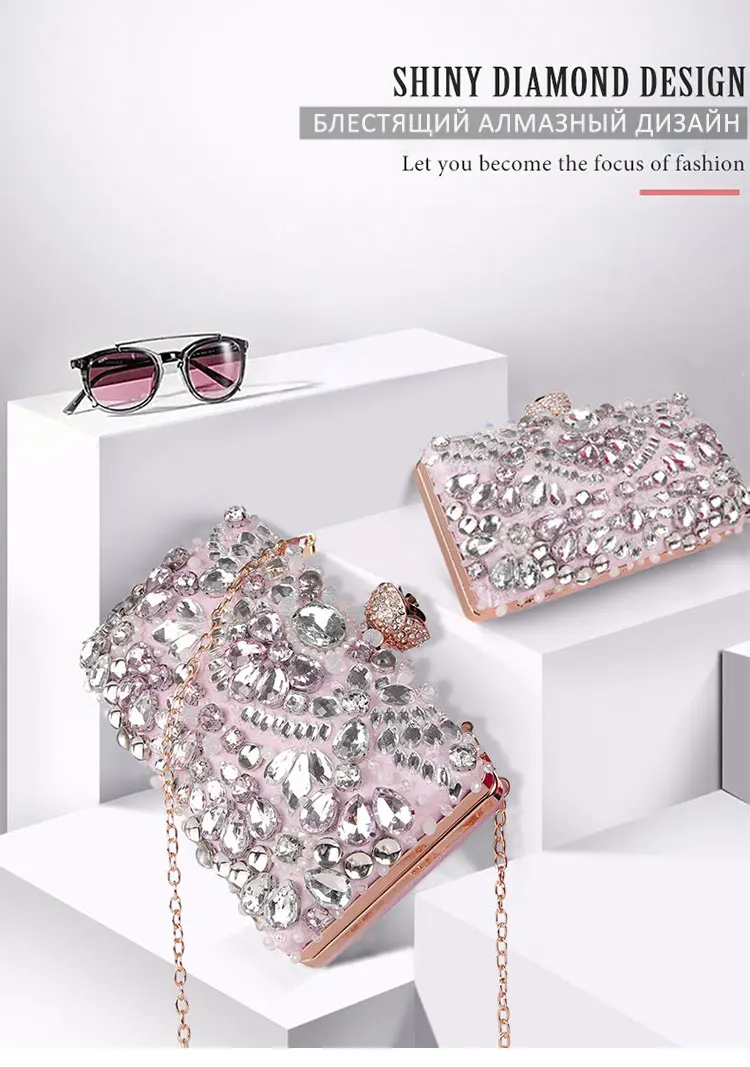 YNSSK Pink Sparkly Crystal Clutch Bag Scene Display