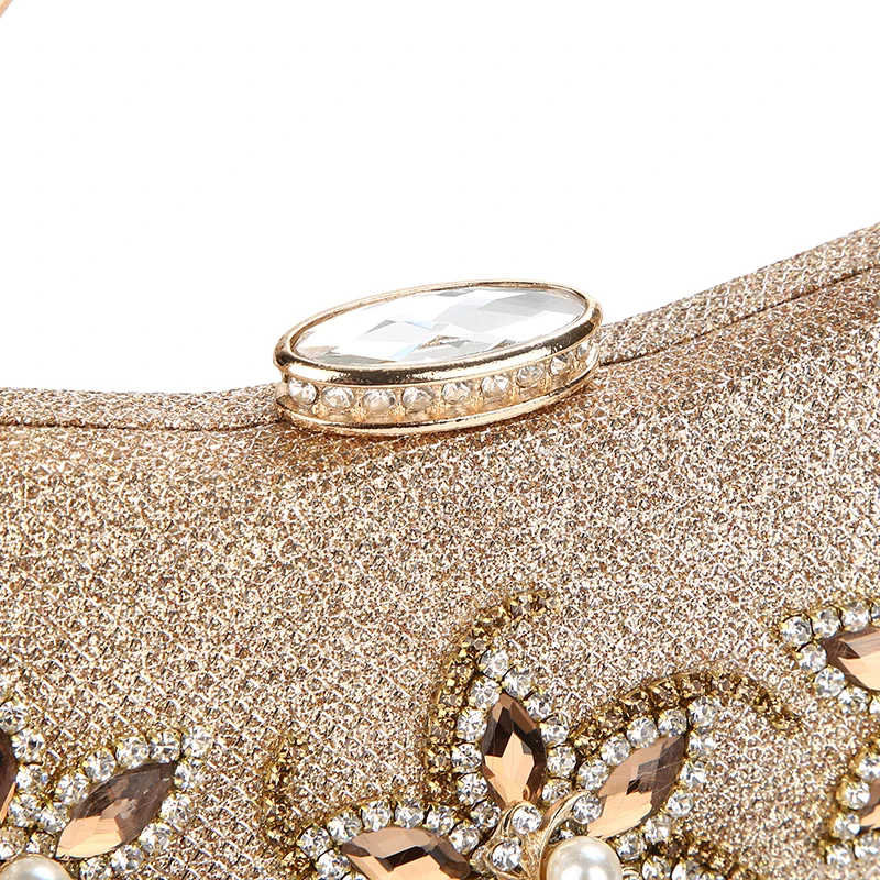 YNSSK Champagne Clutch Bag With Metal Handle with Chain Top Detail View