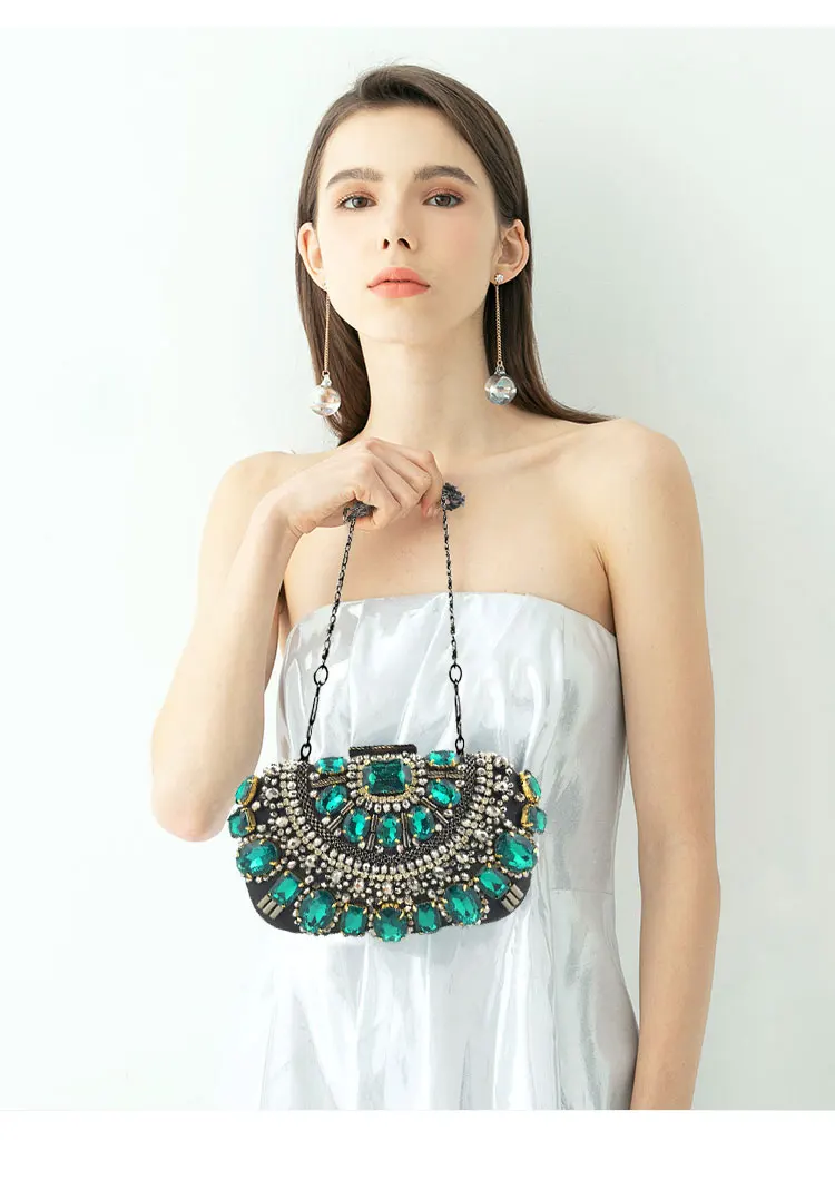 YNSSK Green Crystal Clutch Evening Bag Model Display