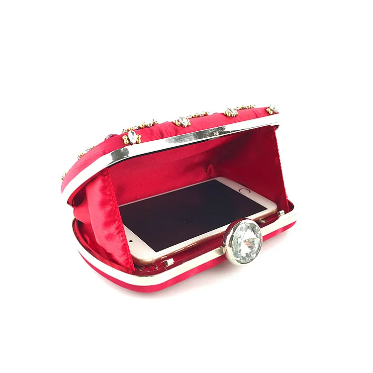 YNSSK Rhinestone Floral Red Satin Evening Bag Inside View