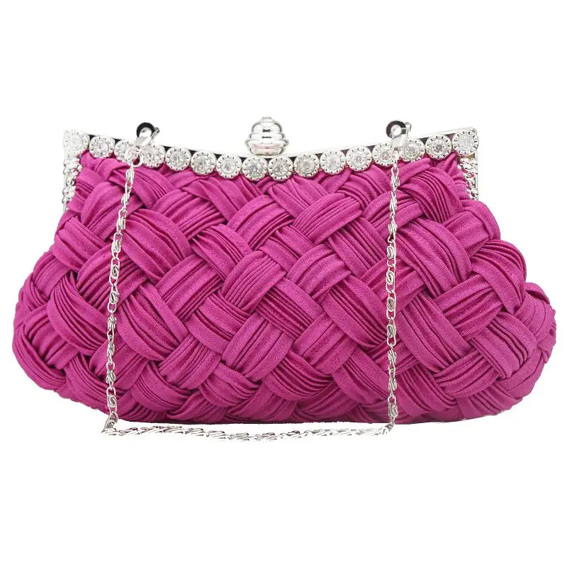 YNSSK Rose Red Rhinestone Braided Soft Clutch Bag with Chain Front View