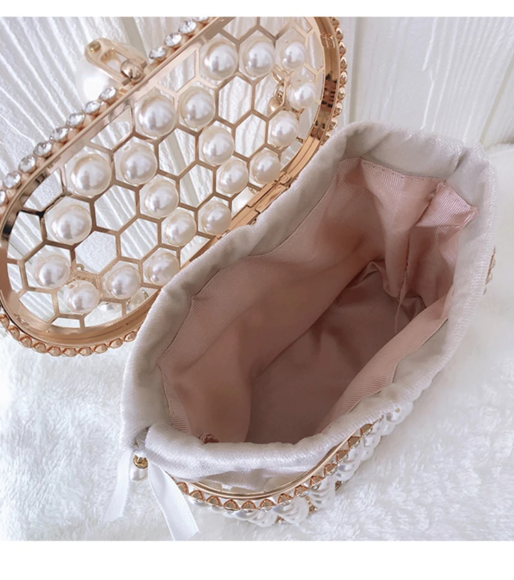 YNSSK Pearl Metal Case Drawstring Velvet Basket Clutch Bag Apricot Color Inside View