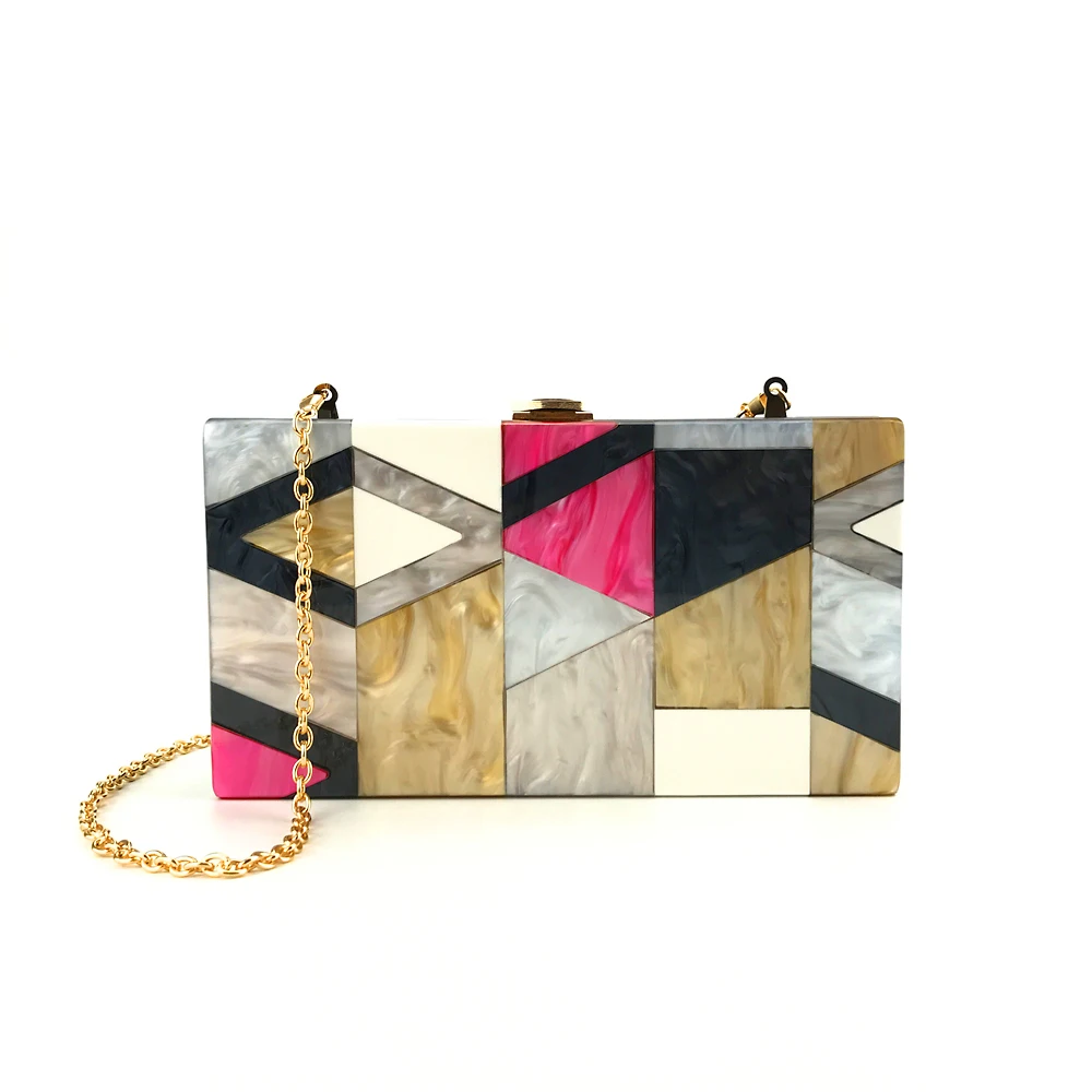 YNSSK Geometric Pattern Color Block Clutch with Chain Front View