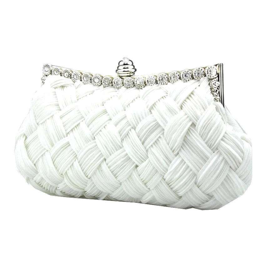 YNSSK White Rhinestone Braided Soft Clutch Bag Side View