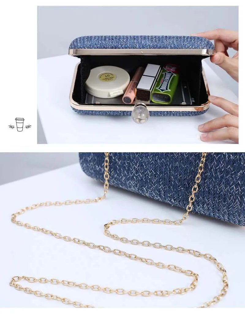 YNSSK Navy Woven Straw Clutch Bag Inside View