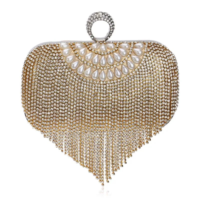 YNSSK Tassel Gold Rhinestone Clutch Bag Front View