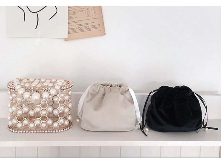 YNSSK Pearl Metal Case Drawstring Velvet Basket Clutch Bag Available Colors