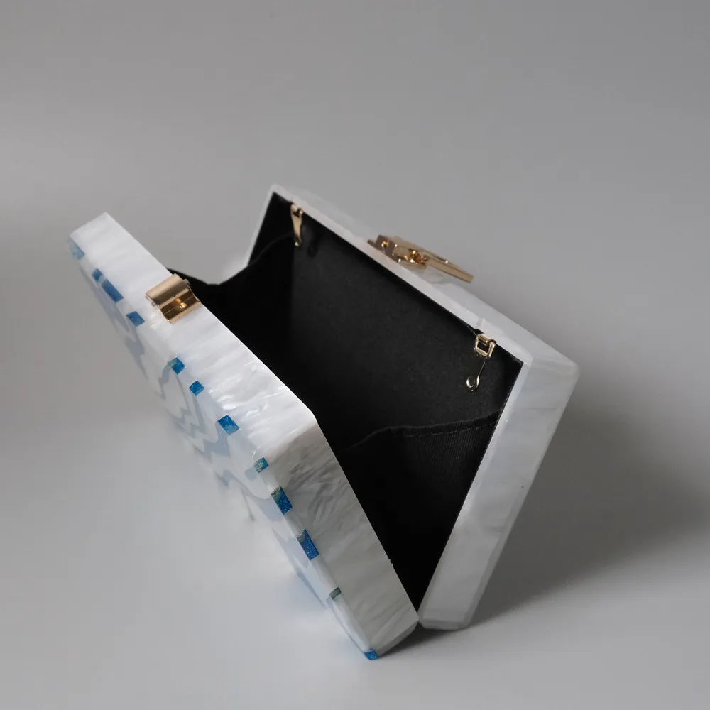 YNSSK Blue and White Spliced Glitter Clutch Inside View