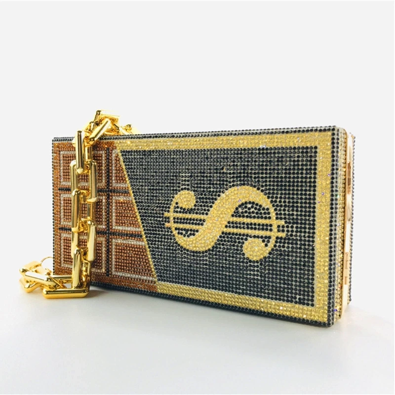 Front View of YNSSK Dollar Chocolate Shaped Evening Bag with Chain