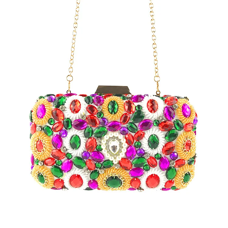 YNSSK Rainbow Beads and Crystal Clutch Bag Front View