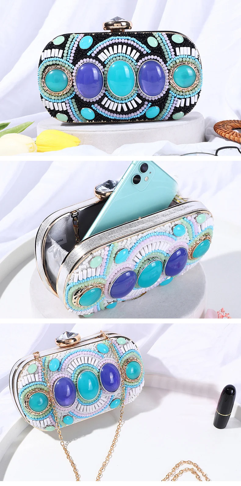 YNSSK Blue Gem Boho Beads Evening Clutch Bag Front View