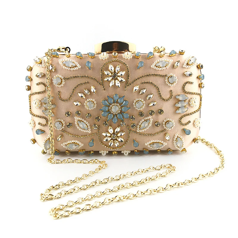 YNSSK Gold Satin Floral Clutch Bag Front View