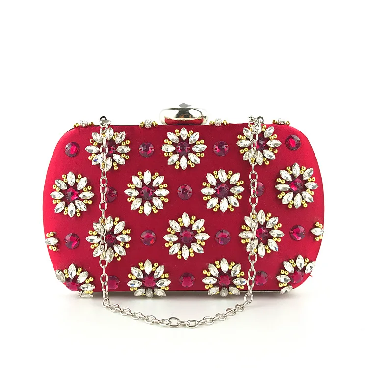 YNSSK Rhinestone Floral Red Satin Evening Bag with Chain Front View