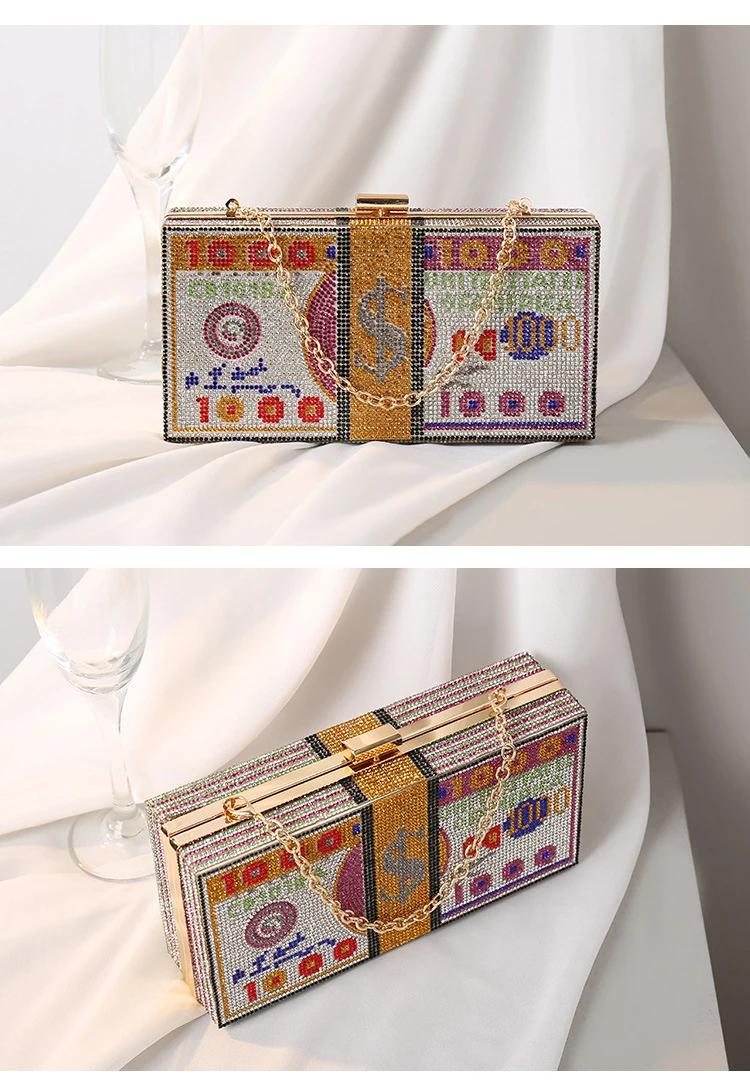 YNSSK Sparkly Crystal Money Clutch Bag Rose Red Front View