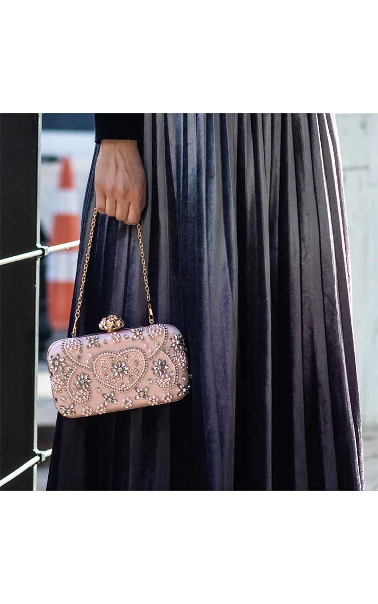 YNSSK Bead and Rhinestone Embellishment Pink Satin Clutch Bag Model Front Display