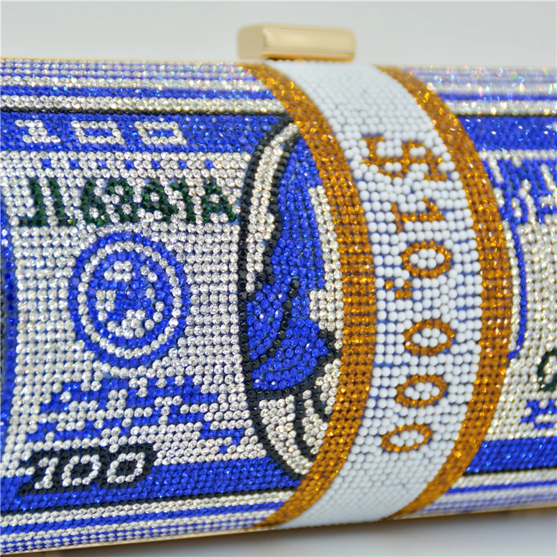 YNSSK $100 Dollar Clutch Rhinestone Purse Blue Color Surface Detail