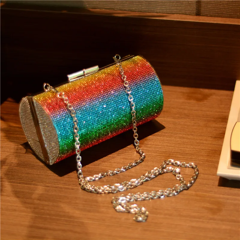 Oblique View of YNSSK Rainbow Cylinder Evening Bag with Chain