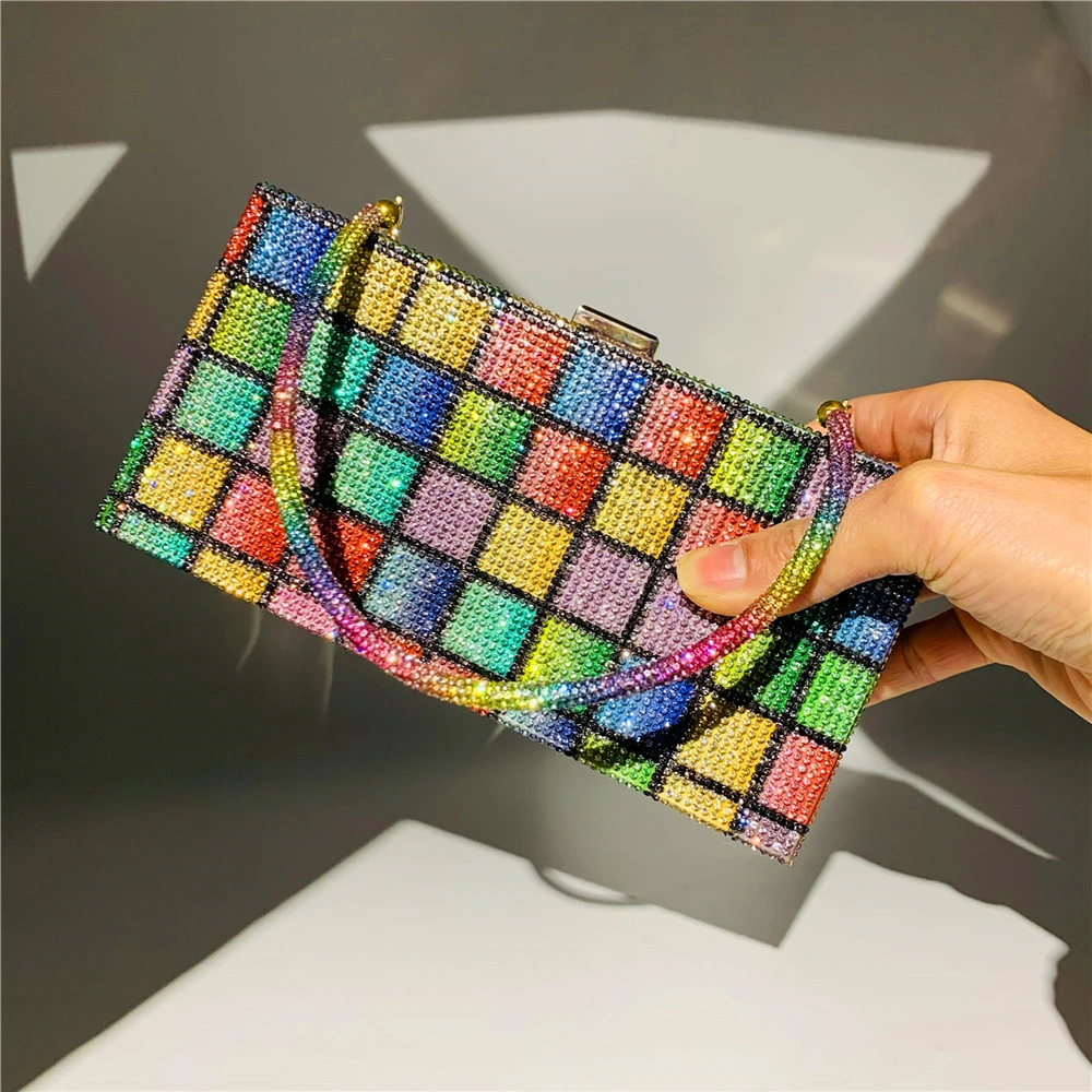 Front View of Square Color Block YNSSK Rectangular Rainbow Evening Bag with Handle
