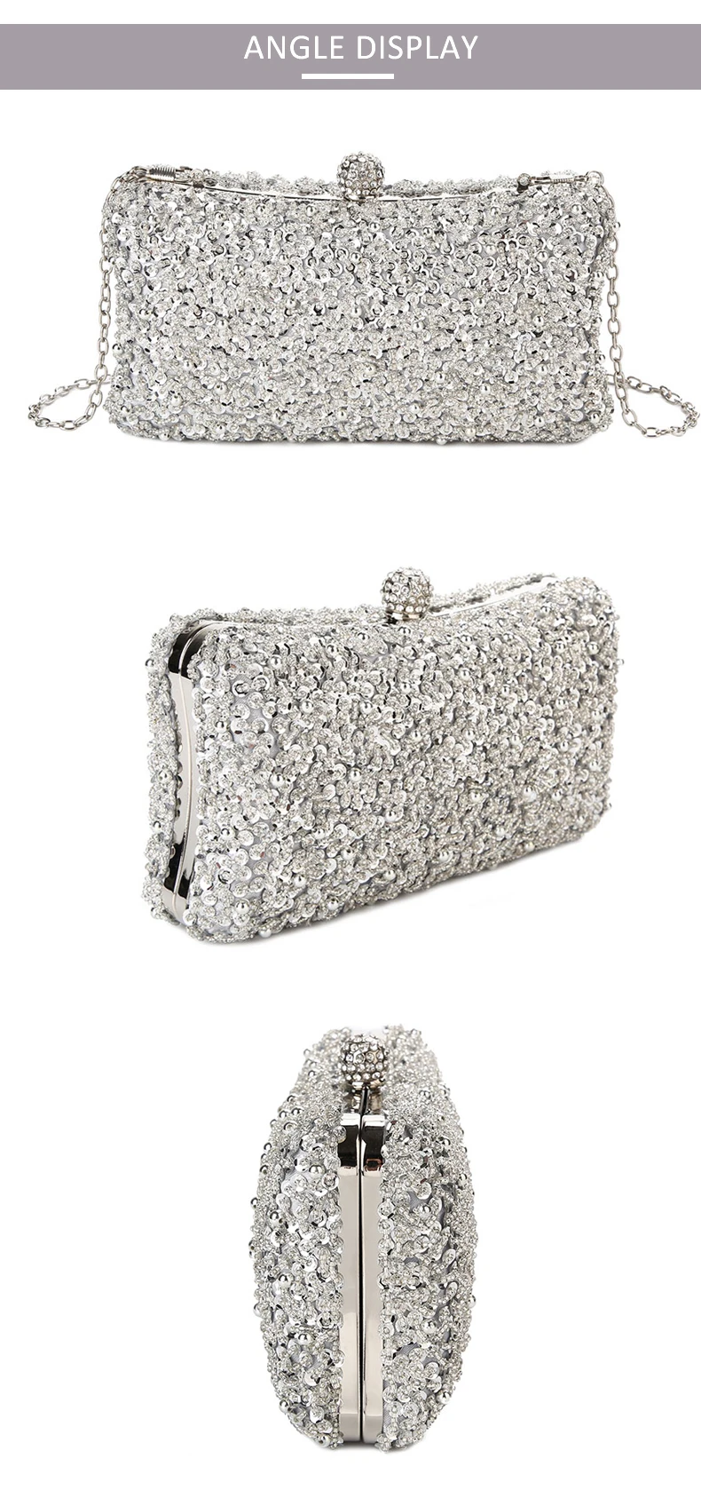 YNSSK Silver Sparkly Evening Bag Multi-angle Display View