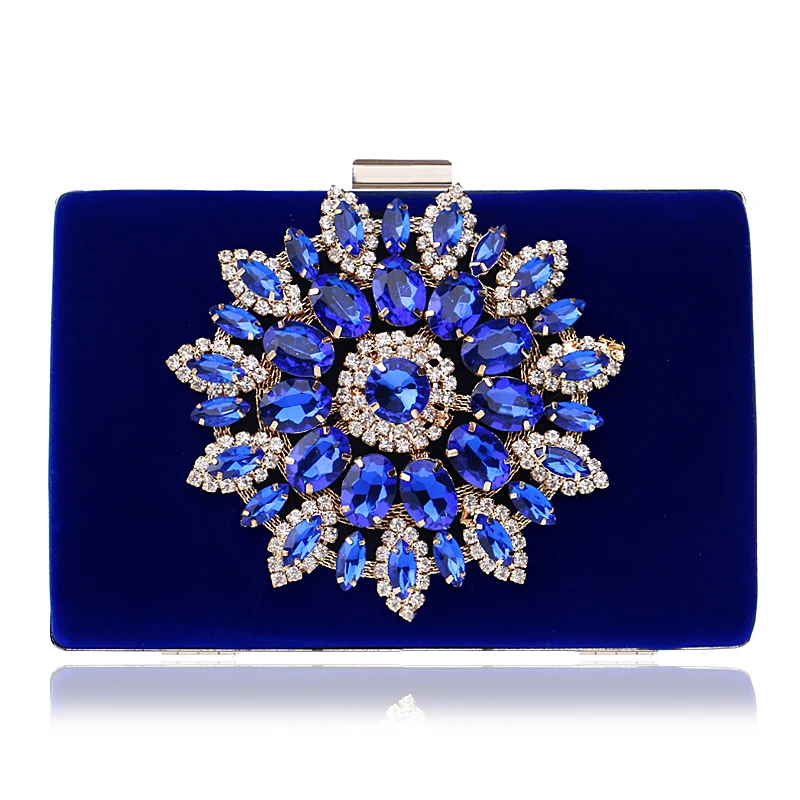 Front View of Blue YNSSK Velvet Rectangular Rhinestone Evening
