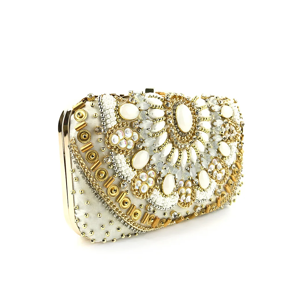 YNSSK Bead Embroidered Gold Satin Clutch Bag with Handle Side View