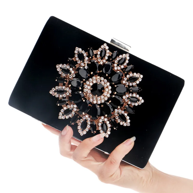 Front View of Black YNSSK Velvet Rectangular Rhinestone Evening