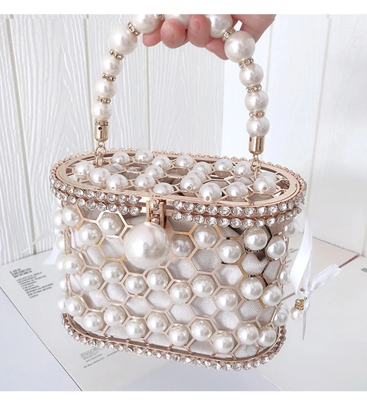 YNSSK Pearl Metal Case Drawstring Velvet Basket Clutch Bag Apricot Color Front View