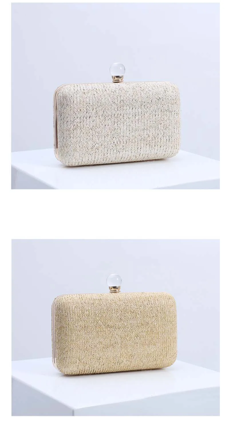 YNSSK Beige and Yellow Woven Straw Clutch Bag Front View