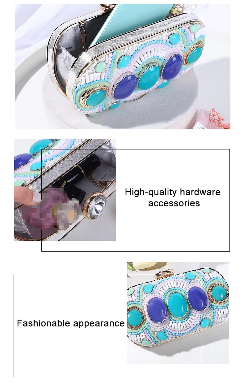 YNSSK Blue Gem Boho Beads Evening Clutch Bag Detail View