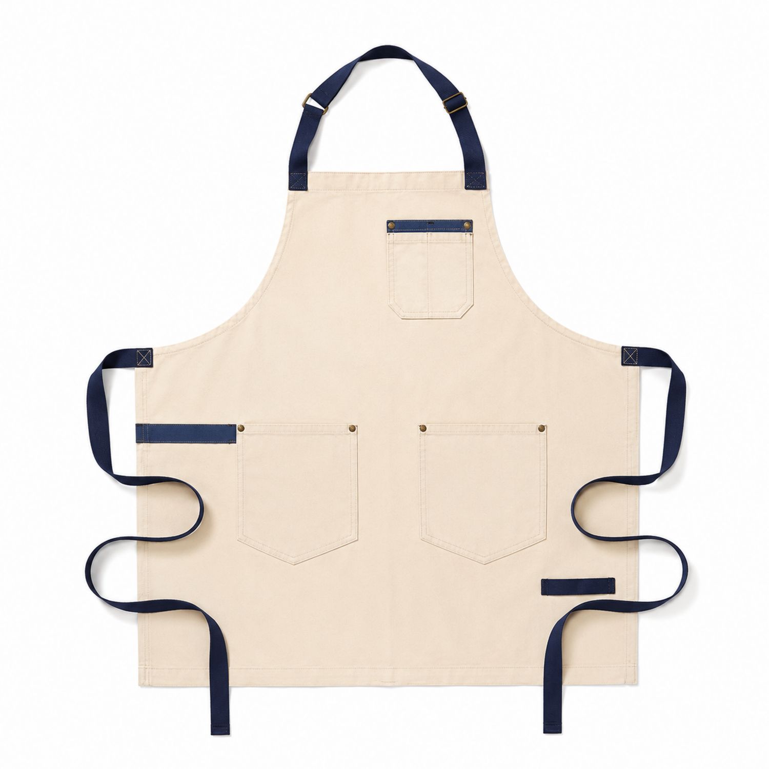 Beige Schürze mit verstellbaren blauen Bändern und Taschen