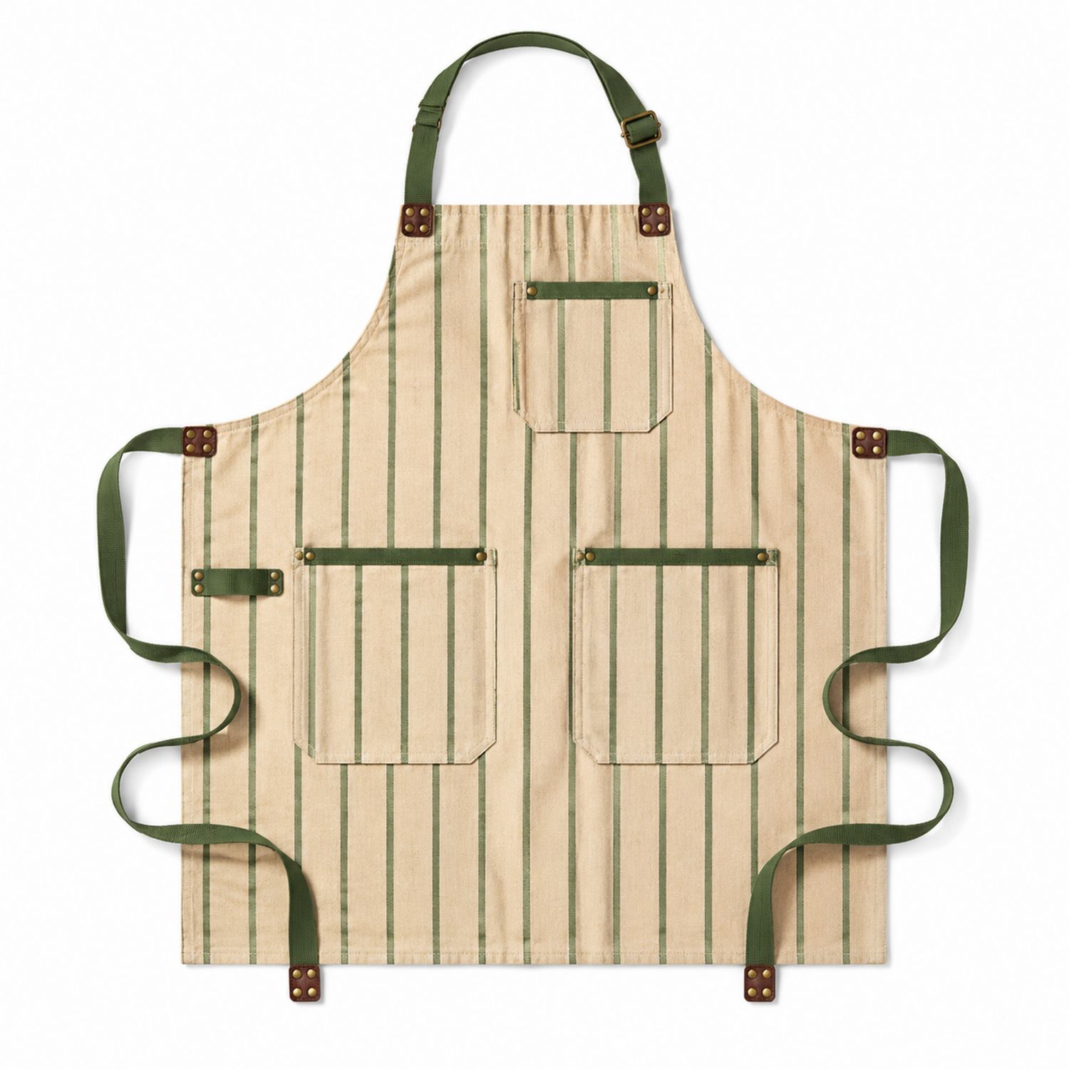 Gestreifte Küchenschürze mit verstellbarem Nackenband und Taschen Beige/Grün
