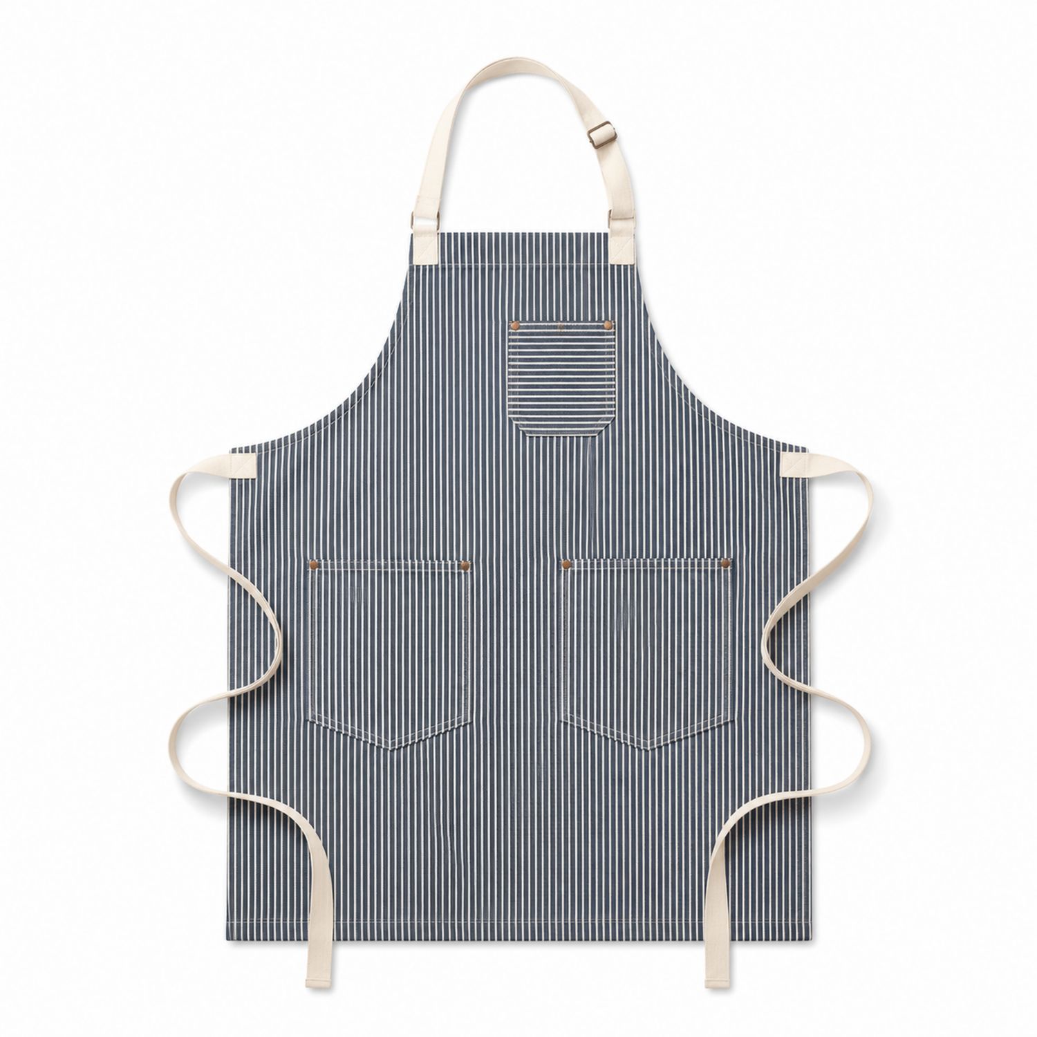 Verstellbare gestreifte Küchenschürze mit Taschen, Blau/Weiß